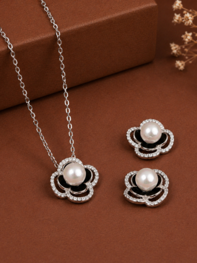 Midnight Pearl Blossom Pendant Set