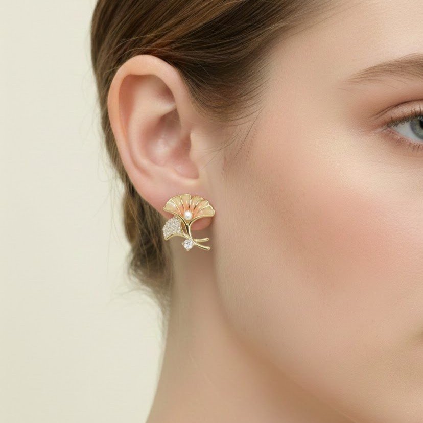 Golden Ginkgo Pearl Drop Earring