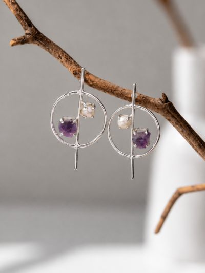 Natural Amethyst & Pearl Orbit Earring