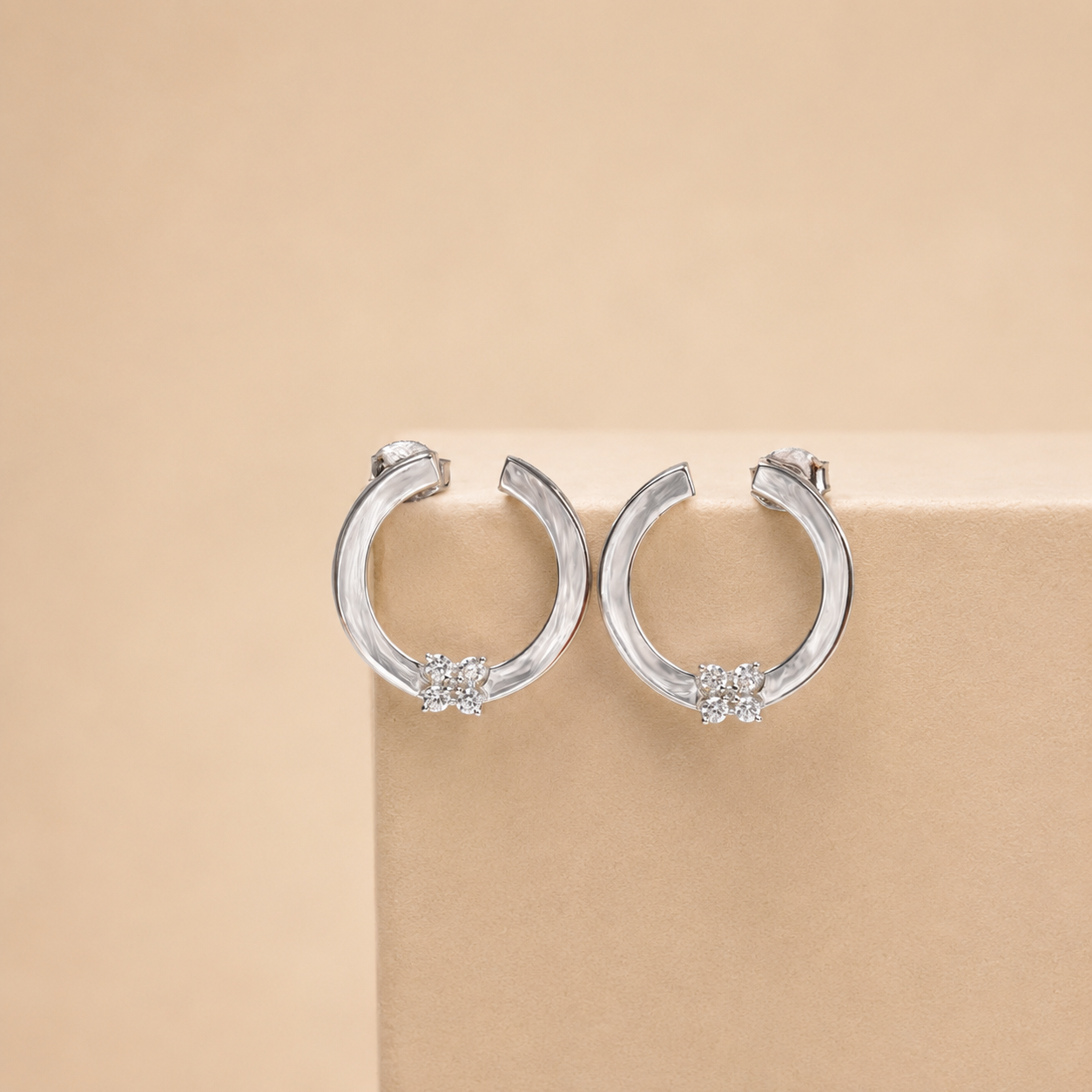 Silver Crescent Floral top earring