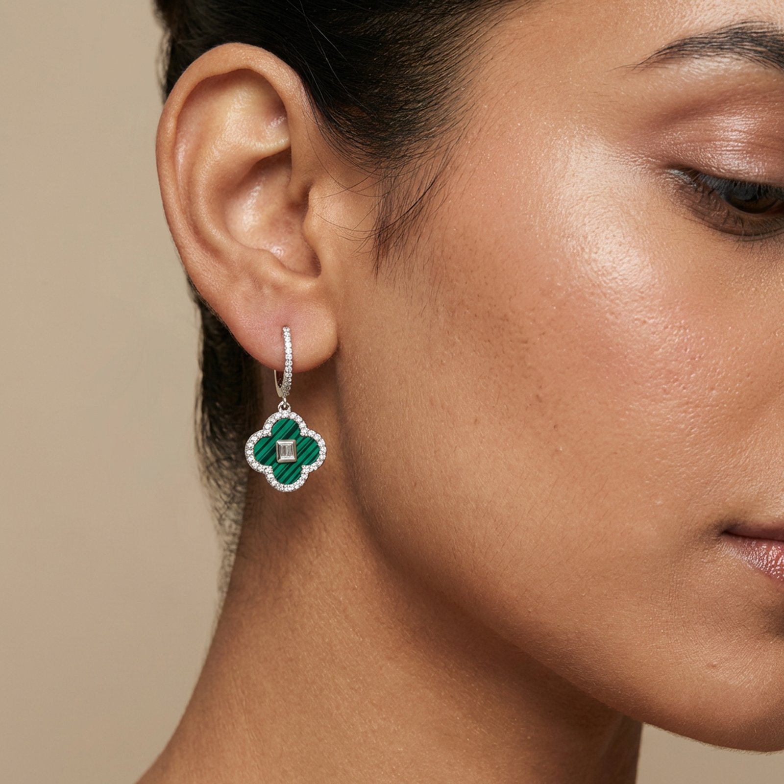 Malachite Clover Hoop Drop Earring