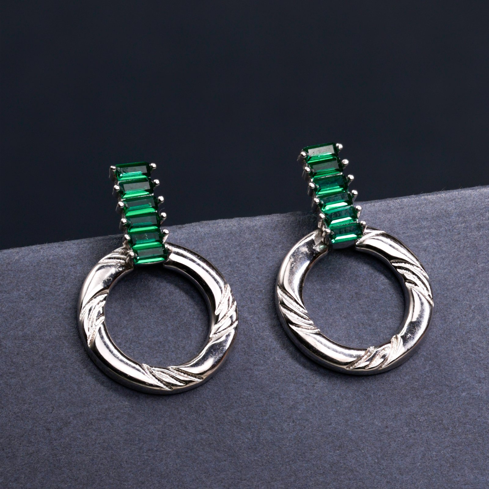 Emerald Baguette Textured Hoop Drop Earring - Image 2