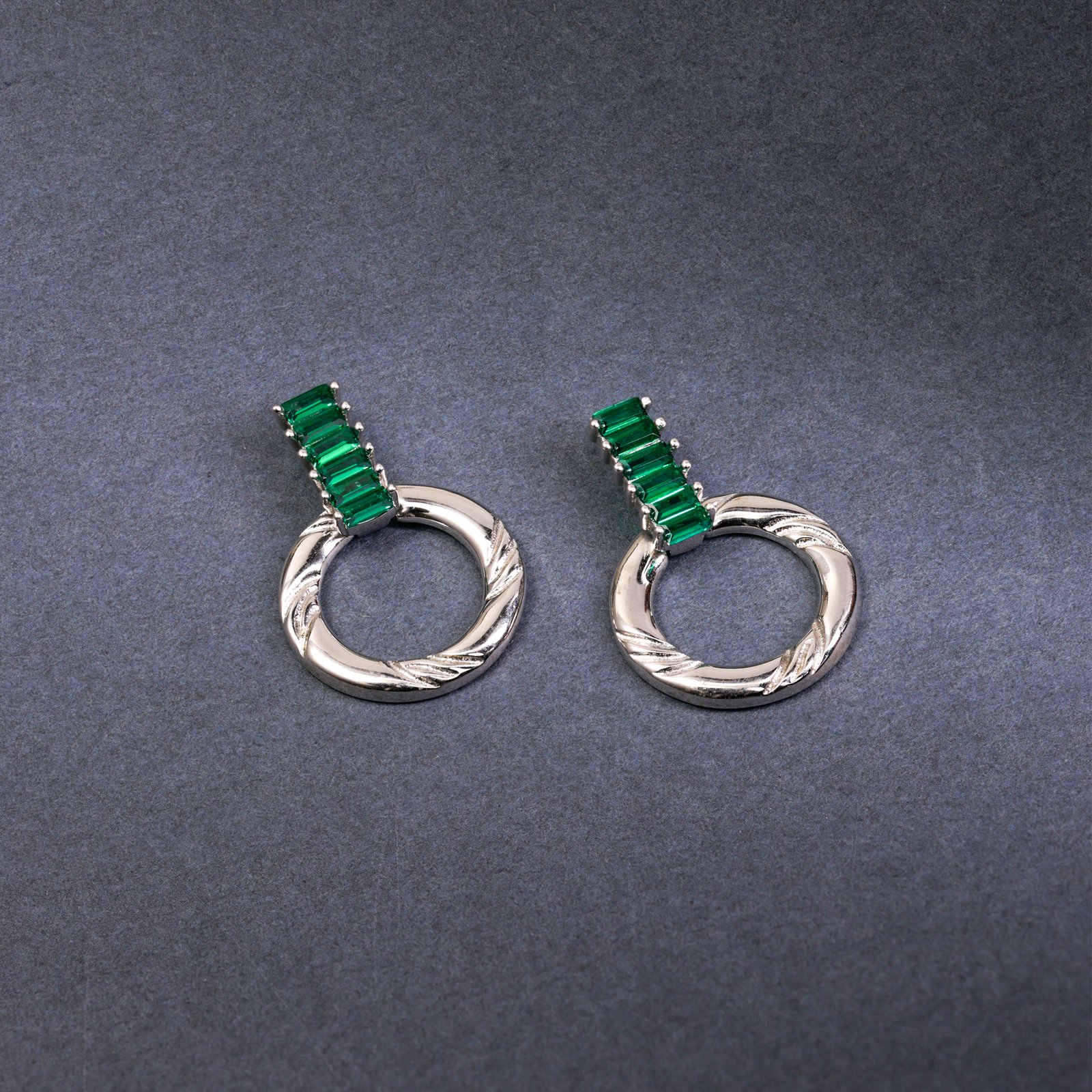 Emerald Baguette Textured Hoop Drop Earring - Image 3