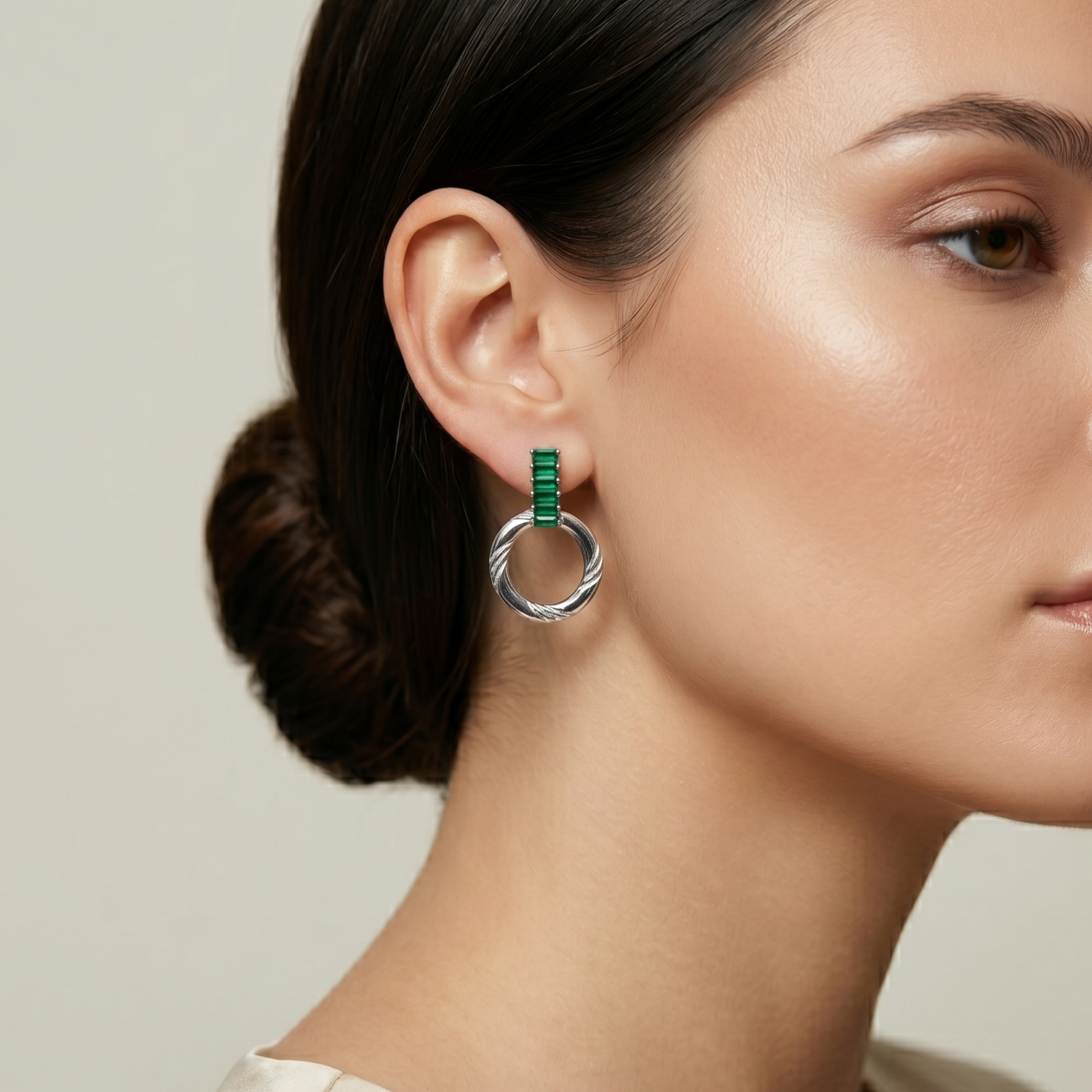 Emerald Baguette Textured Hoop Drop Earring - Image 4
